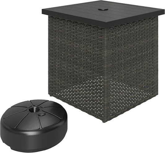 Outsunny All Weather Wicker Side Table with 1.5" Umbrella Hole, Square PE Rattan Outdoor End Table with Umbrella Base, UV-Resistant Frame, Storage Space for Patio, Garden, Poolside, Deck, Mixed-Brown
