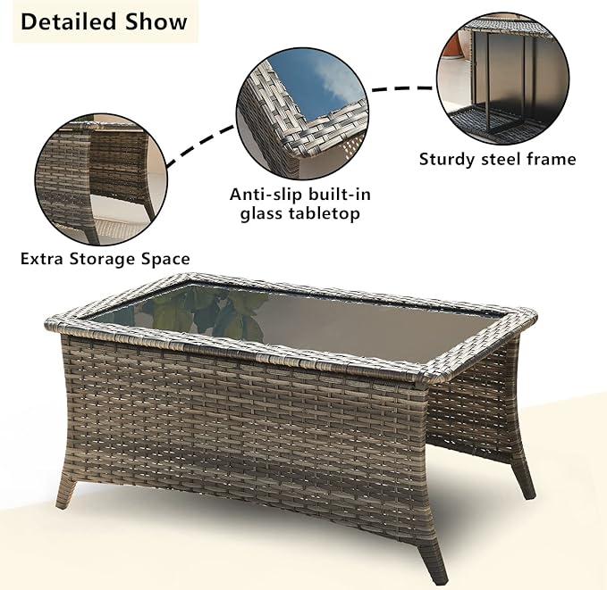 HUMMUH Outdoor Coffee Table Patio Rattan Patio Side Table Built-in Black Glass Top PE Wicker Rectangle Sofa Table Grey - Photo 3