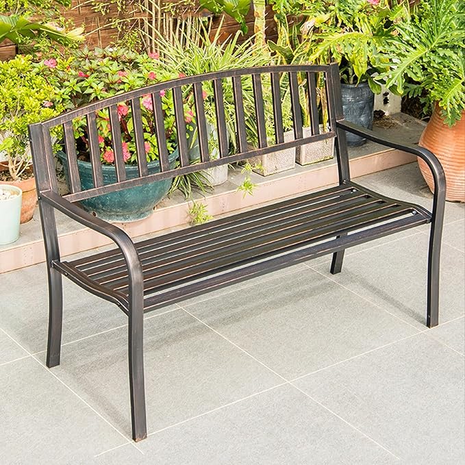 Outdoor Metal Garden Bench with Curved Backrest & Armrests, Antique Finish, Galvanized Frame, Perfect for Patio, Backyard, Deck & Lawn Seating