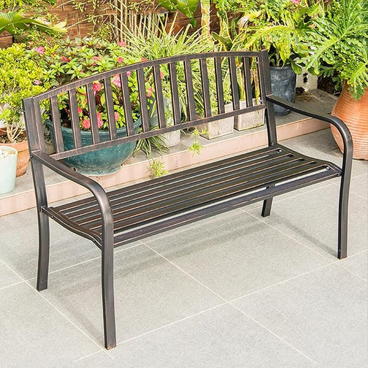 Antique Finish Outdoor Metal Garden Bench with Curved Backrest & Armrests, Durable Galvanized Frame, Ideal for Patio, Deck, Backyard & Lawn Furniture