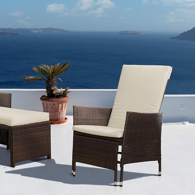 Teamson Home Outdoor PE Rattan Patio Lounge Chair with Pull-Out Ottoman and White Weather-Resistant Cushions Patios, Decks, Gardens, Poolside, Balconies, or Sunrooms, Brown
