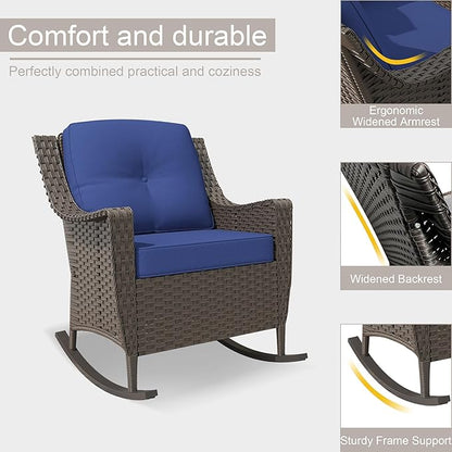 3 Pieces Patio Furniture Set, 2 High Back Rattan Rocking Chairs and Side Table, Outdoor PE Wicker Furniture Set, All Weather Patio Set with Waterproof Cushion for Porch and Deck