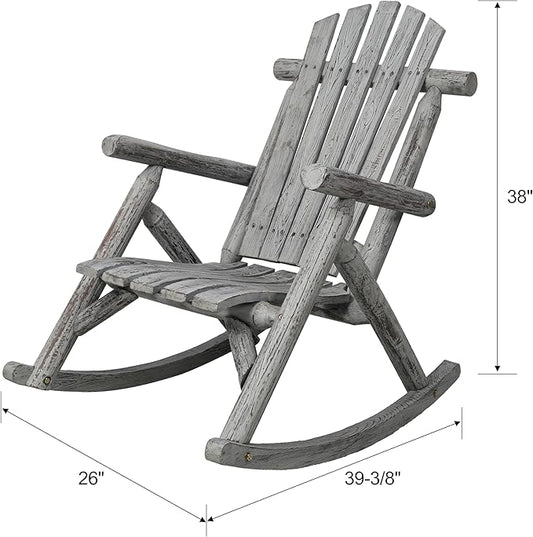 Log Wooden Rocking Chair - Porch Rocker with Slatted Seat & Backrest | Wood Rocking Chair Outdoor Accent Furniture for Balcony, Garden, Poolside, Backyard Gray
