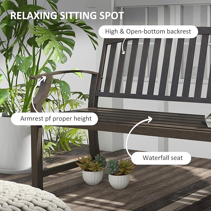 46" Outdoor Garden Bench, Metal Bench, Wood Look Slatted Frame Furniture for Patio, Park, Porch, Lawn, Yard, Deck, Brown