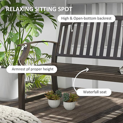 46" Outdoor Garden Bench, Metal Bench, Wood Look Slatted Frame Furniture for Patio, Park, Porch, Lawn, Yard, Deck, Brown