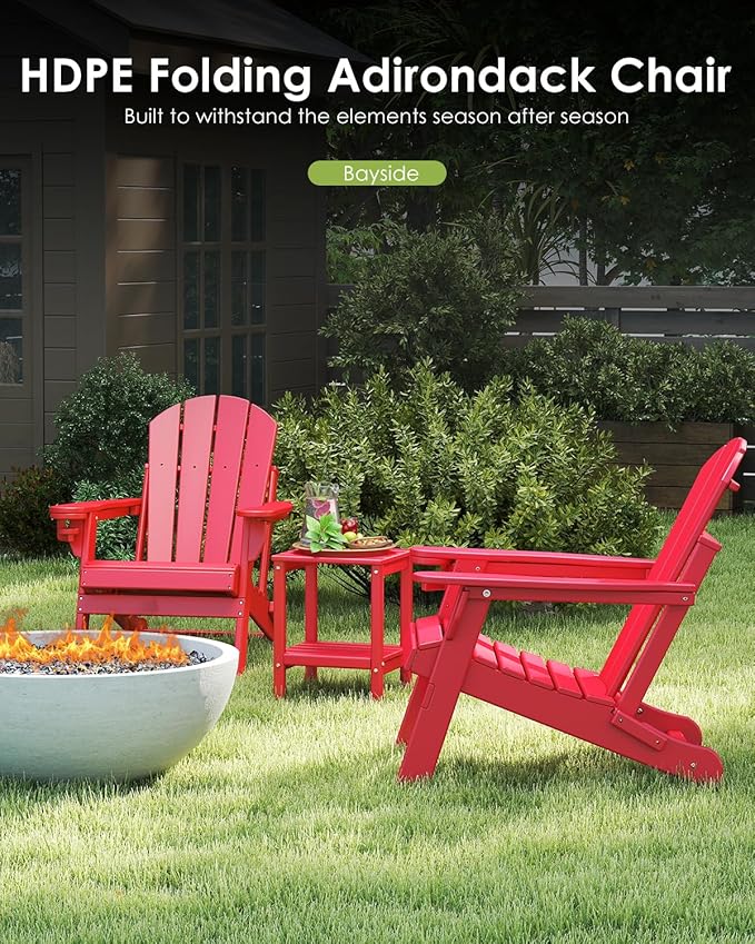 GREENVINES Folding-Adirondack-Chairs-Set-of-6 | HDPE Plastic | Fire Pit Chair | All Weather | Cup Holder | Red | for Deck Backyard Patio Outdoor Garden