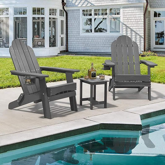LUE BONA Folding Adirondack Chair Set of 2 with Adirondack Side Table, Dark Gray HDPS Fire Pit Adirondack Chairs with Cup Holder for Patio, Proch