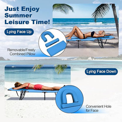 Goplus Tanning Chair, Folding Beach Lounge Chair with Face Hole, Removable Pillow, Carry Strap, Position Adjustable, Sunbathing Chair, Portable Outside Lounge Chair for Patio Pool