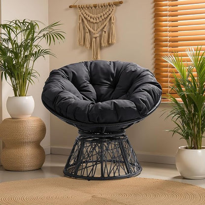 VINGLI Outdoor Papasan Chairs with Thick Cushions 360 Degree Swivel Chair, Patio Chairs Lounge Chair Rading Chair for Balcony, Yard, Porch (Black)
