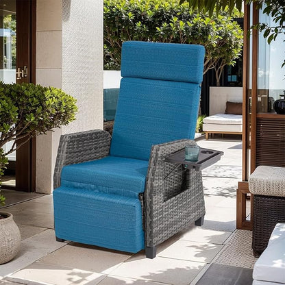 Outdoor Patio Recliner Chair, 180° Flat Recliner with Flip Table & Adjustable Backrest, Rattan Reclining Lounge Chair, Wicker Balcony Recliner, Blue