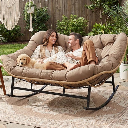 NICESOUL Double Large Papasan Chair Outdoor, Oversized 2 Person Egg Rocking Chair with Cushions, 700 lbs Heavy-Duty Wicker Loveseat Recliner Glider for Outdoor & Indoor Patio, Balcony & Garden, Brown