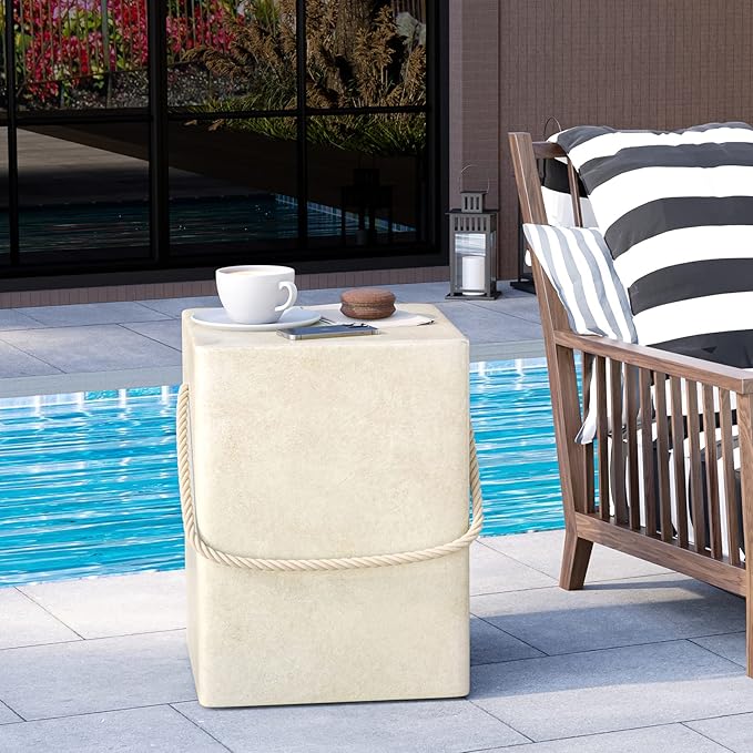 HOMPUS Outdoor Side Table w Hemp Rope Handle, Patio MgO Concrete Natural End Table, Square Accent Table - Photo 2