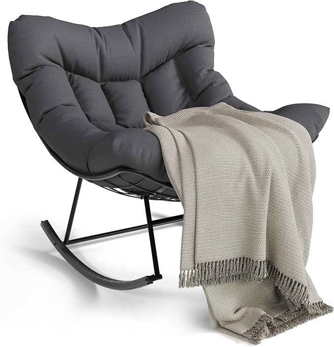 GarveeLife Outdoor Papasan Rocking Chair, Oversized Rocking Chair with Sturdy Metal Frame, Patio Rattan Egg Rocker for Balcony Backyard Porch Bedroom, Grey