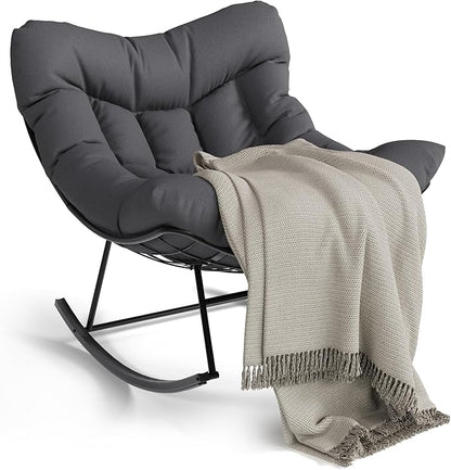 GarveeLife Outdoor Papasan Rocking Chair, Oversized Rocking Chair with Sturdy Metal Frame, Patio Rattan Egg Rocker for Balcony Backyard Porch Bedroom, Grey