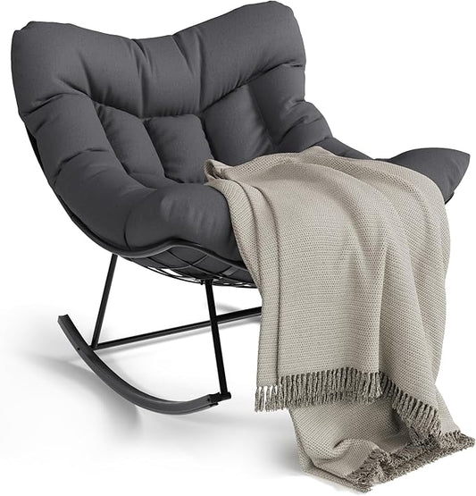 GarveeLife Outdoor Papasan Rocking Chair, Oversized Rocking Chair with Sturdy Metal Frame, Patio Rattan Egg Rocker for Balcony Backyard Porch Bedroom, Grey