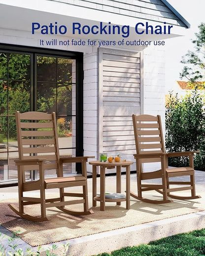 YEFU Outdoor Rocking Chair Set of 4,Poly Porch Rocker with Curved Backrest,All Weather Patio Rocking Chair,Like Real Wood,for Indoor,Lawn, Backyard,Garden,Heavy Duty,Weight Capacity 380lbs(Teak)