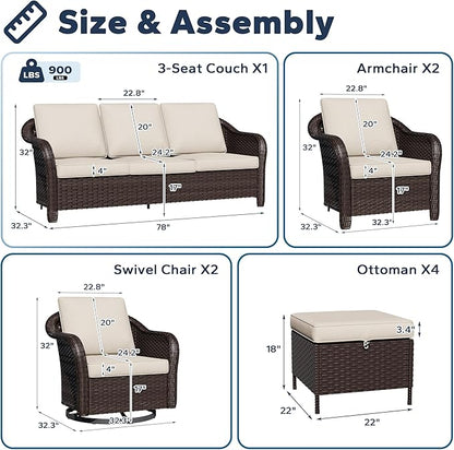 9 PCS Outdoor Conversation Set | 78" Couch, 2 Swivel Chairs, 2 Chairs, 4 Ottomans, Patio Wicker Conversation Furniture with Removable Cushions for Bistro, Deck, Sunroom (Beige)