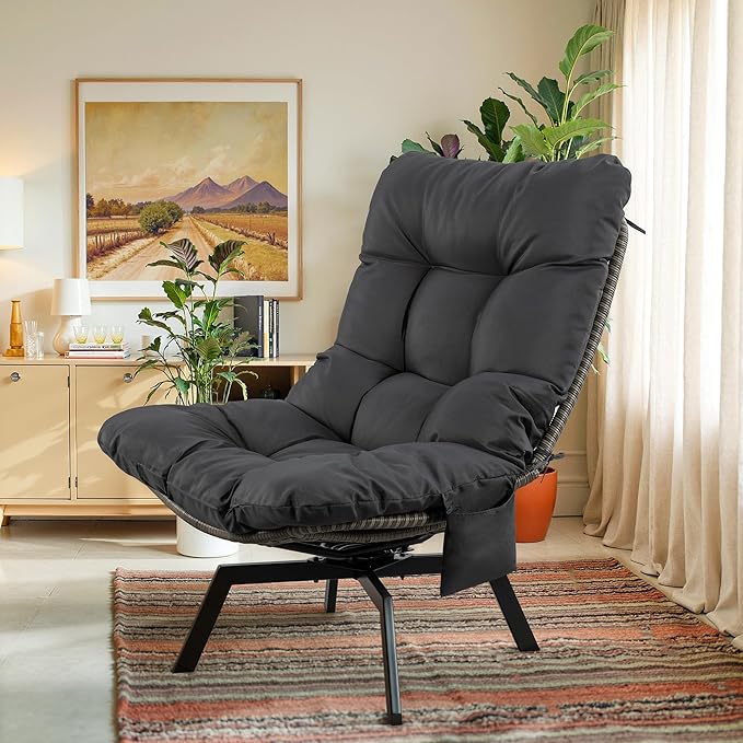 Vongrasig Swivel Wicker Chair PE Rattan Chair with Cushion, Oversized Patio Lounge Chair for Outdoor, Indoor, Balcony, Backyard, Garden, Living Room, Black Rattan