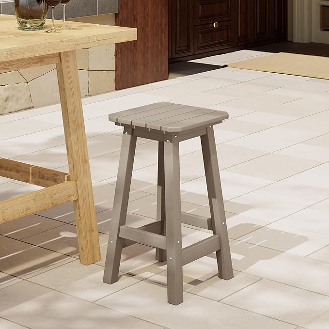 Costaelm 24" Height Outdoor Bar Stools, All-Weather Bar Stools, Adirondack Poly Patio Square Bar Stool for Patio, Deck, Kitchen Counter and Garden, Weathered Wood