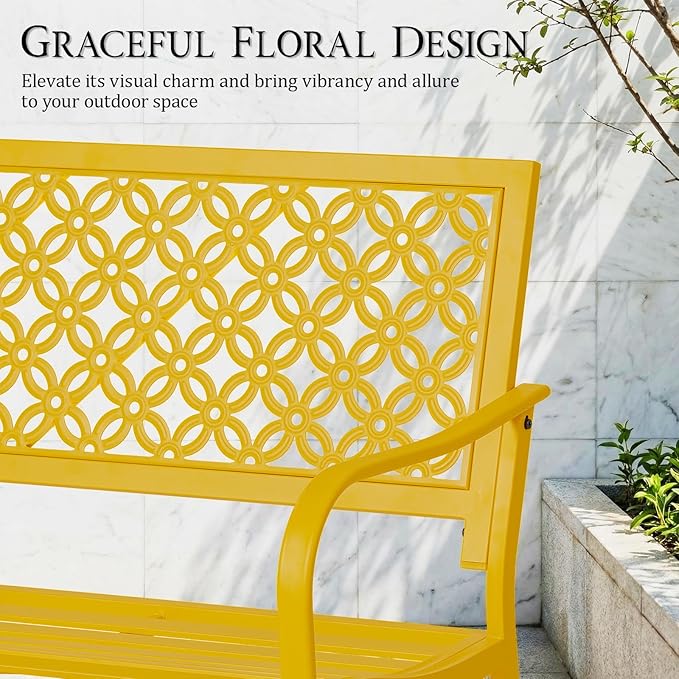 ONBRILL 50" Outdoor Bench, Garden Benches with Galvanized Metal Frame, Front Porch Bench with Floral Backrest, Patio Furniture with Adjustable Feet for Park, Yard, Lawn, Entryway, Yellow