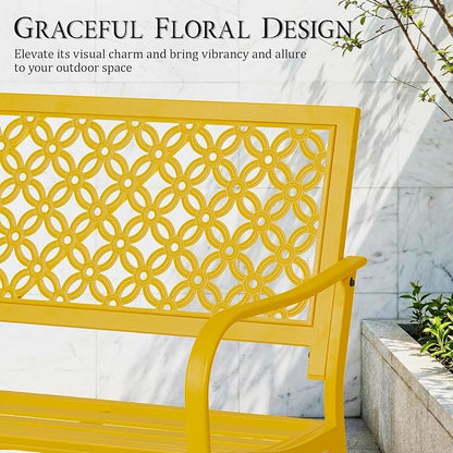 ONBRILL 50" Outdoor Bench, Garden Benches with Galvanized Metal Frame, Front Porch Bench with Floral Backrest, Patio Furniture with Adjustable Feet for Park, Yard, Lawn, Entryway, Yellow