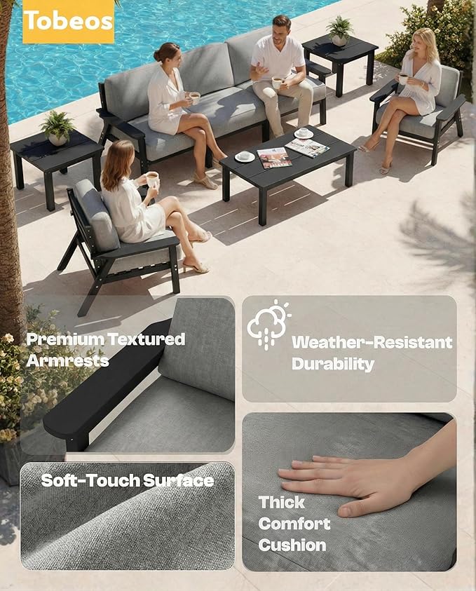 HDPE 5 Piece Patio Furniture Set, Outdoor Couch with Washable Thick Gray Cushions & Coffee Table & Side Table, Outdoor Sectional Furniture for Backyard, Deck, Lawn, Porch (Black Frame)