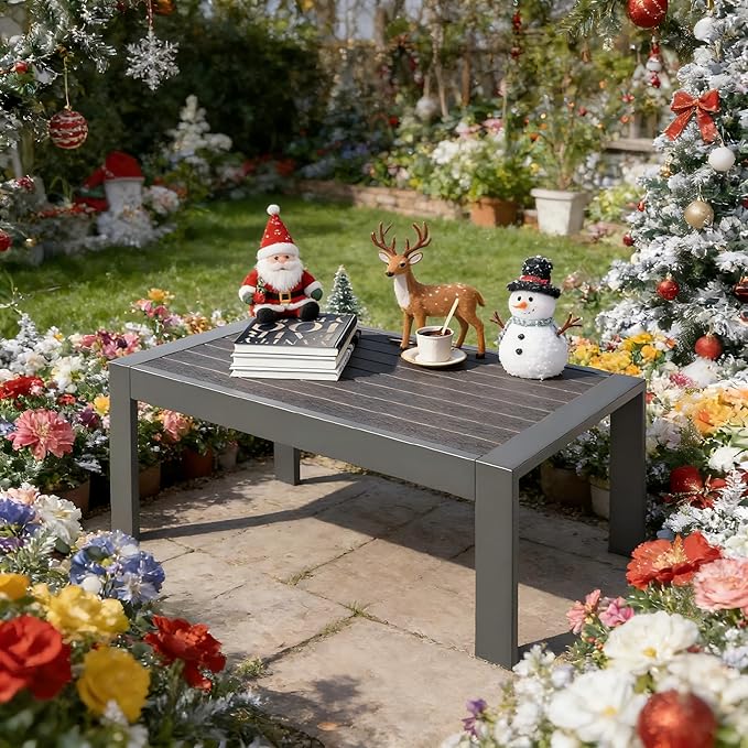 All-Weather Aluminum Outdoor Coffee Table, Modern Coffee Table for Outside, Rectangle Patio Coffee Table for Balcony Garden, Deep Grey