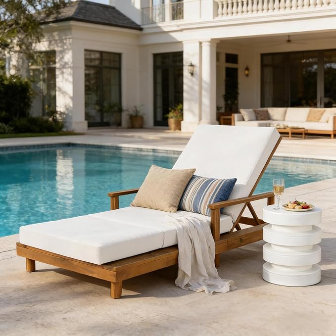 Christopher Knight Home Tuki Acacia Wood Chaise Lounge Chair Outdoor, Poolside Sun Lounger Recliner, Outdoor Chaise Lounge with 3-Fold Cushions, Adjustable Backrest Single Lounge Sofa, Cream+Teak