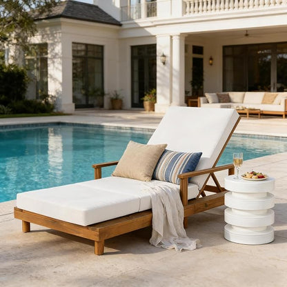 Christopher Knight Home Tuki Acacia Wood Chaise Lounge Chair Outdoor, Poolside Sun Lounger Recliner, Outdoor Chaise Lounge with 3-Fold Cushions, Adjustable Backrest Single Lounge Sofa, Cream+Teak