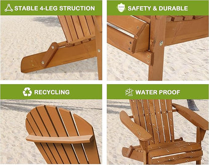 Folding Adirondack Chairs Set, Solid Wood Adirondack Chair Lawn Chairs with Wide Armrest, All-Weather Outdoor Chairs Set Fire Pit Chairs Garden Chair, 250 Lbs, Easy to Install, Natural