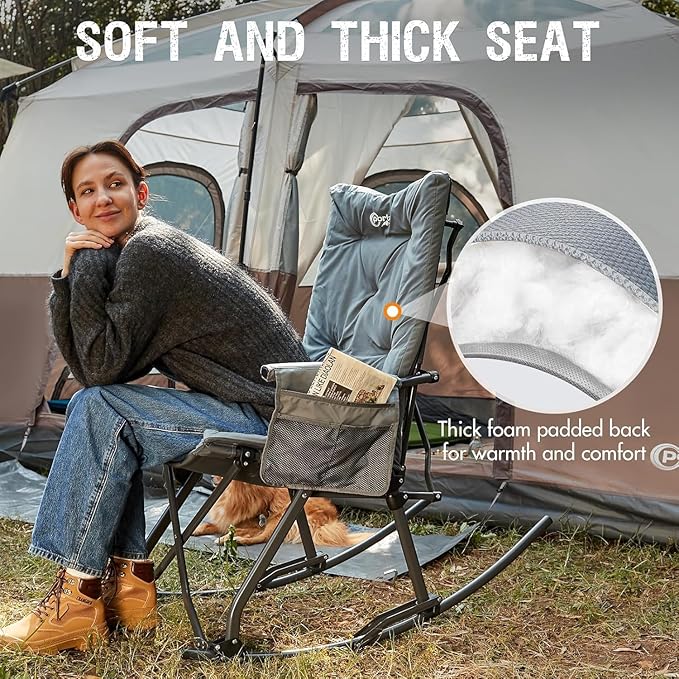 Portal Folding Rocking Camping Chair Outdoor - Thick Padded Rocking Recliner Chair Portable Camping Rocker for Patio Front Porch Backyard Lawn Living Room, Supports 400 LBS