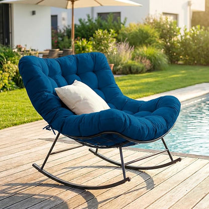 Cushioned Papasan Rocking Chair for Outdoor Indoor, Oversized Outdoor Rocking Chair with Cushion, Egg Rocker for Patio, Porch, Balcony, Lawn, Bedroom, Living Room, Navy Blue