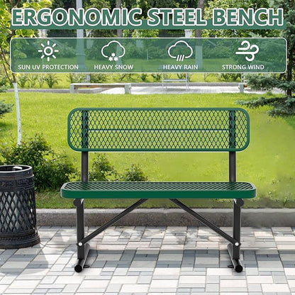 4ft Green Metal Park Bench with Backrest, Heavy Duty Outdoor Benches Weatherproof Steel Long Playground Bench Seats, Commercial Garden Benches Dock Benches for Lawn, Park, Deck,Patio, Porch