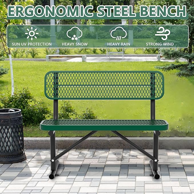 Park Benches for Outside, Garden Benches Weatherproof with Backrest - Heavy-Duty Metal Bench for Patio Porch Backyard School Sports Church Locker Room Bench Commercial-Grade Seating (Green, 4FT)