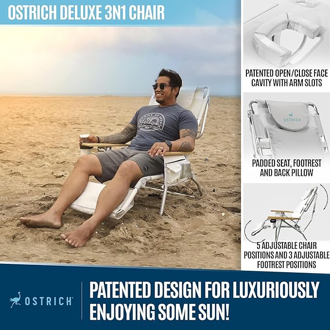 Ostrich the Deluxe 3N1 Reclining Lounge Chair, Folding Outdoor Lounger and Extra-Wide Beach Chair with Wooden Armrests and Face Hole, White