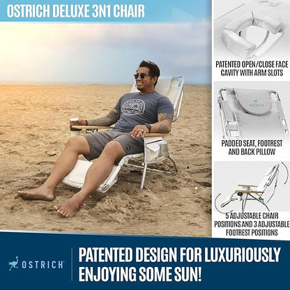 Ostrich the Deluxe 3N1 Reclining Lounge Chair, Folding Outdoor Lounger and Extra-Wide Beach Chair with Wooden Armrests and Face Hole, White