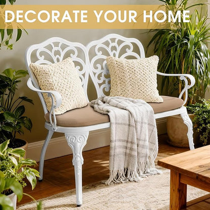 Outdoor Bench with Cushion, Cast Aluminum Double Seating with Backrest and Armrests, Mental Outdoor Furniture for Patio, Porch, Garden, Park, White Butterfly