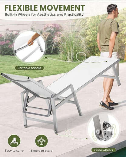 Patio Chaise Lounge Outdoor with Wheels&Armrests, Aluminum Pool Lounge Chairs 5-Position Adjustable Recliner, Sun Beach Lounge Chairs for Poolside, Patio, Deck, Yard, White