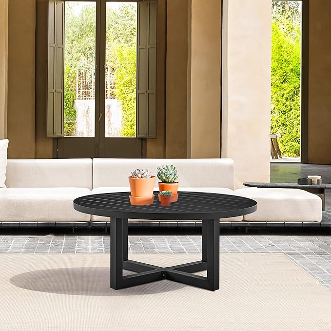 Argiope Outdoor Patio Round Coffee Table in Black Aluminum