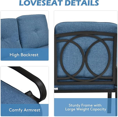 Giantex 2 Pcs Patio Loveseat with Coffee Table Outdoor Bench with Cushion and Metal Frame, Loveseat Furniture Set Sofa for Garden, Yard, Patio or Poolside