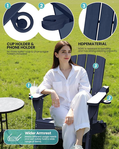 Folding Adirondack Chair 6 Pack, HDPE All-Weather Fire Pit Chairs, Plastic Adirondack Chairs with 2 Cup Holder, Outdoor Lawn Chair for Patio Garden (Navy Blue)