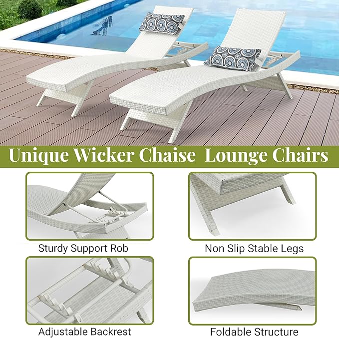 Outdoor Wicker Reclining Lounge Chair, 79" Rattan Patio Chaise Lounges for Poolside, Garden, Backyard, Set of 2 - Photo 5