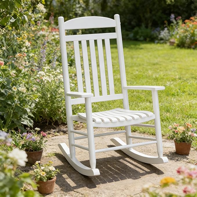 Wooden Outdoor Rocking Chair, Weatherproof Oversized Rocking Chair, Heavy Duty Comfort with 450 lbs Weight Capacity, Solid Relaxing Rocker with High Back for Patio, Porch, Living Room (white)
