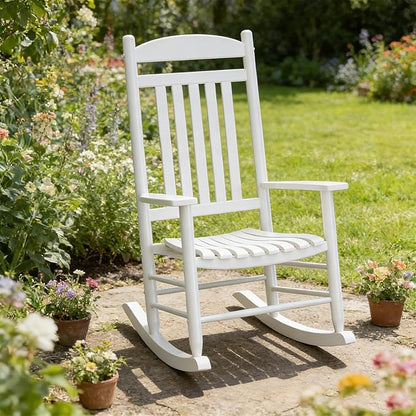 Wooden Outdoor Rocking Chair, Weatherproof Oversized Rocking Chair, Heavy Duty Comfort with 450 lbs Weight Capacity, Solid Relaxing Rocker with High Back for Patio, Porch, Living Room (white)