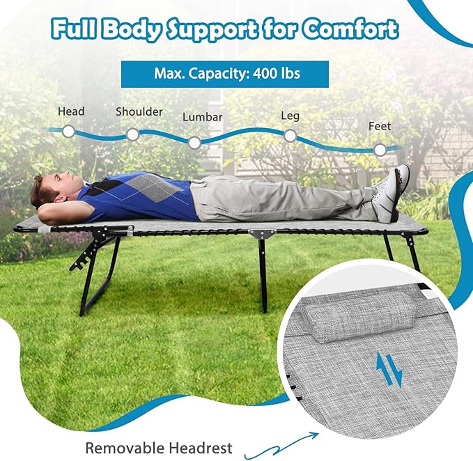 Tangkula Widen Folding Chaise Lounge Chair, Portable Camping Recline Chair w/4 Backrest Positions, 2 Leg Positions, Pillow, Sunbathing Beach Chair for Outdoor, Lawn, Patio, Support 400lbs (1, Grey)