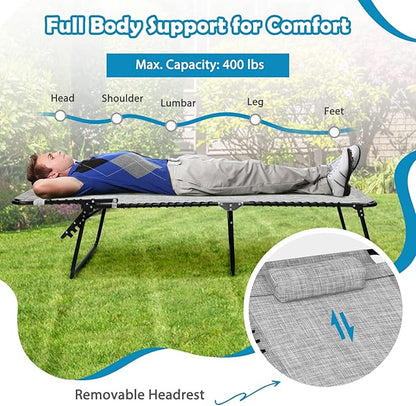 Tangkula Widen Folding Chaise Lounge Chair Set of 2, Portable Camping Recline Chair w/4 Backrest Positions, 2 Leg Positions, Sunbathing Beach Chair for Outdoor, Lawn, Patio, Support 400lbs (2, Grey)