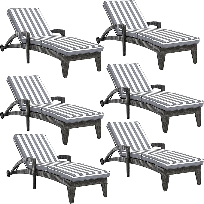 Chaise Lounge Chairs Set of 6, Upholstered 5-Positions Adjustable Pool Loungers, 80" Long Wicker Outdoor Lounge Chairs, Patio Chaise Lounges with Wheels for Sunbathing/Deck/Yard, Khaki
