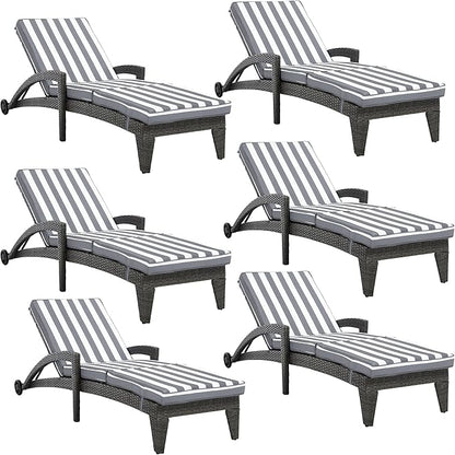Chaise Lounge Chairs Set of 6, Upholstered 5-Positions Adjustable Pool Loungers, 80" Long Wicker Outdoor Lounge Chairs, Patio Chaise Lounges with Wheels for Sunbathing/Deck/Yard, Khaki