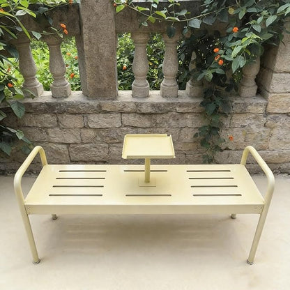 Modern Floor Patio Bench, 2-Person Metal Garden Bench Seat, Outdoor Benches Weatherproof with Built-in Small Table and Armrests, 120cm/47.2in Park Benches Outdoor Furniture(Beige)