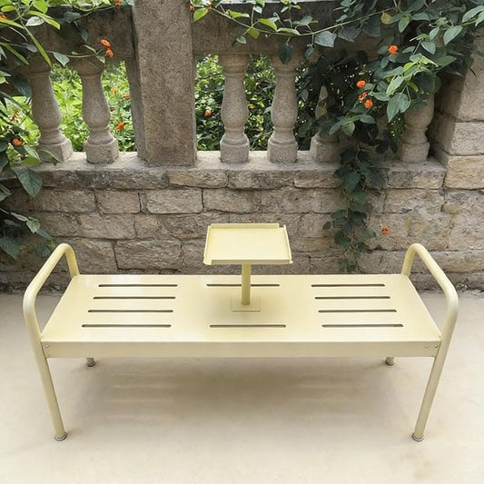 Modern Floor Patio Bench, 2-Person Metal Garden Bench Seat, Outdoor Benches Weatherproof with Built-in Small Table and Armrests, 120cm/47.2in Park Benches Outdoor Furniture(Beige)